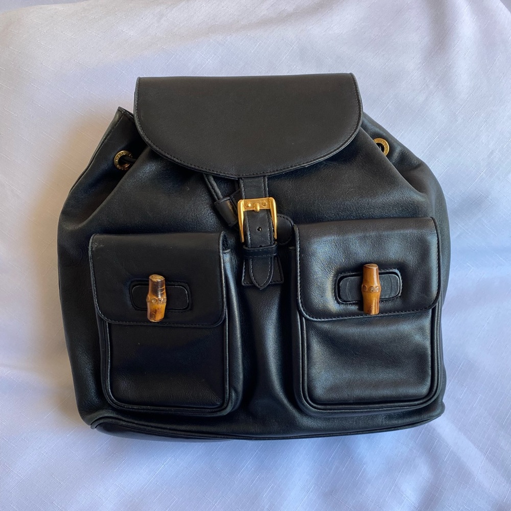 Vintage Gucci black leather bamboo backpack with 2 front pockets